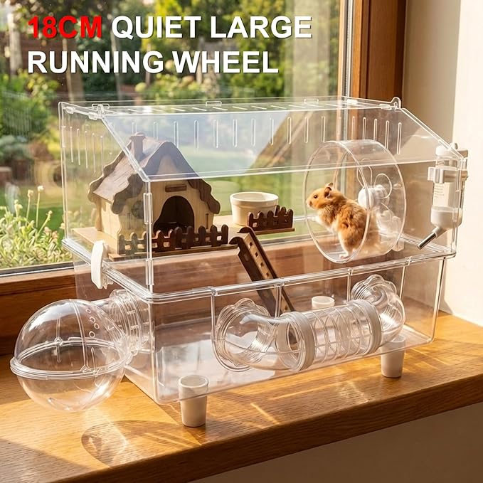 Loungewave Acrylic Hamster Cage, 8 in 1 Gerbil Cage with Accessories, Dwarf Hamster Cage with Full Transparent Viewing, Clear View Inside Easy to Clean, Excellent Ventilation, Classic House Style