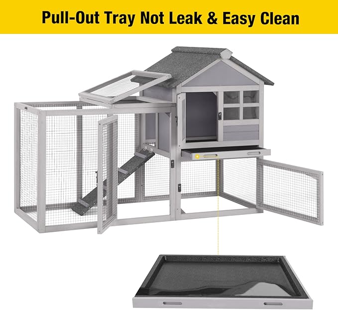 Rabbit Hutch Indoor Outdoor Bunny Cage Rabbit cage with Run, Deeper No Leak Tray, Weatherproof