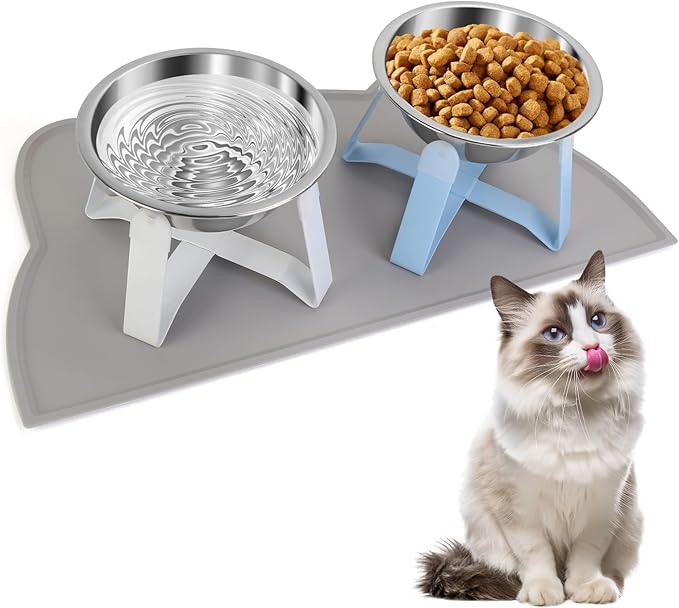 2 Pack Raised Cat Bowls Holder with Non-Slip Mat Stainless Steel Cat Feeder Elevated Pet Water Food Bowls for Cats Puppies Rabbits (White & Blue)
