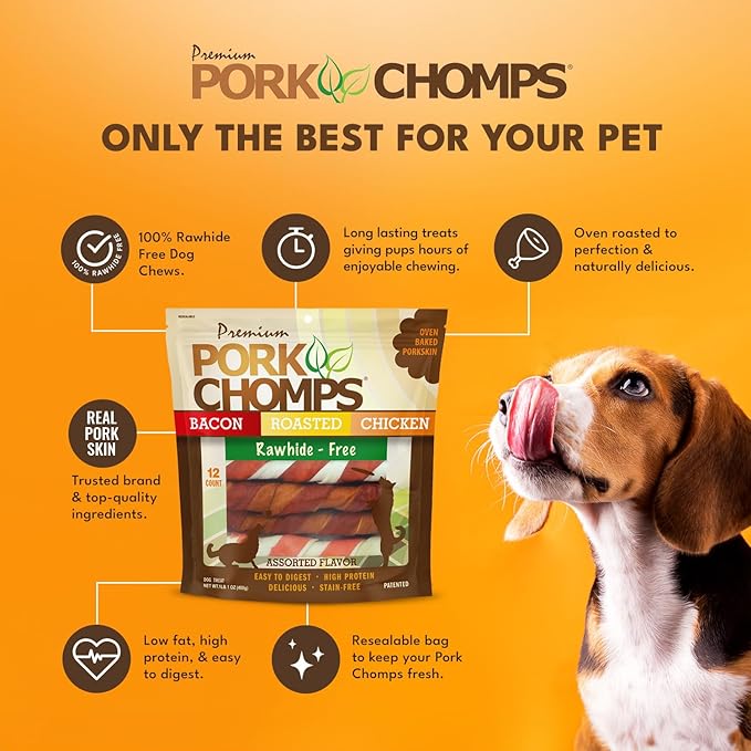 Pork Chomps Baked Pork Skin Dog Chews, 6 Inch Twists, 12 Count - Assorted Flavors - Long-Lasting Treats for Dogs - High Protein, Rawhide-Free, Low Fat, Healthy & Delicious Chews