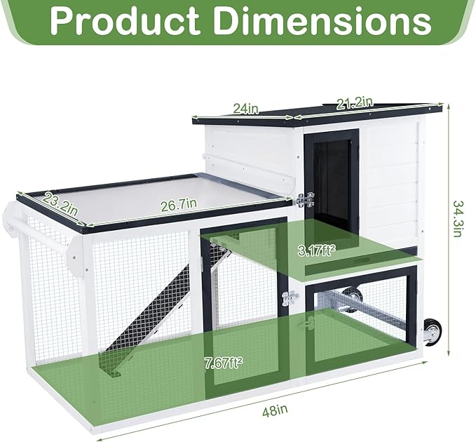 Bunny Hutch Outdoor with Chew-Proof Aluminum Frame 2-Story Indoor Rabbit Hutch Wooden with Wheels and Slide-Out Tray