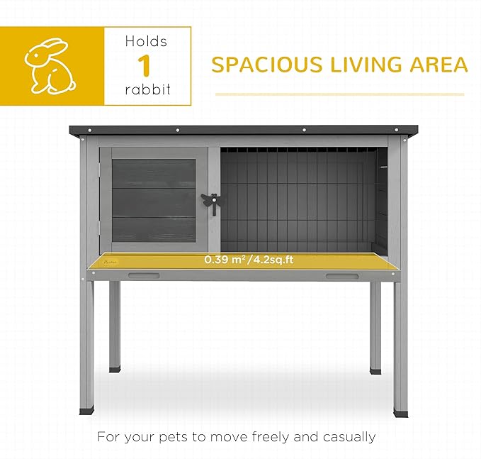 PawHut Elevated Wooden Rabbit Hutch, Indoor/Outdoor Bunny Cage with Hinged Asphalt Roof and Removable Tray for Guinea Pig, Gray
