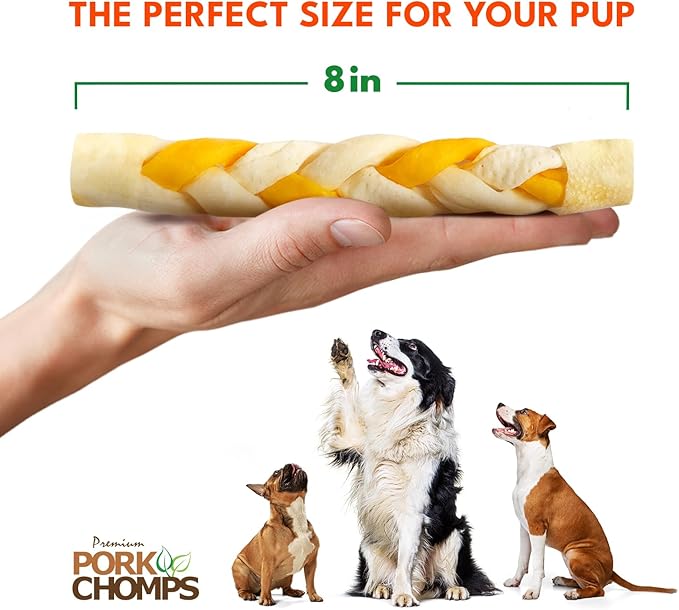 Pork Chomps Roasted Pork Skin Dog Chew, 8-inch Braid, Peaunut Butter Flavor, 1 Count (Pack of 6)