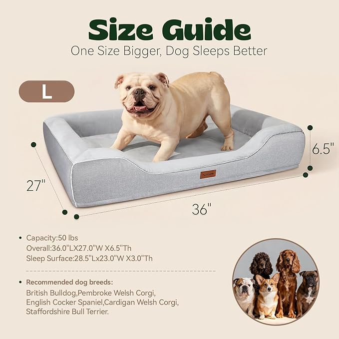 Cooling Dog Beds for Medium Large Dogs with Removable Washable Covers,Rectangle Orthopedic Sofa Bed with Cool Gel Memory Foam and Egg Crate Foam Waterproof fit Old Large Sized Pets,36"x24"x6.5" Grey