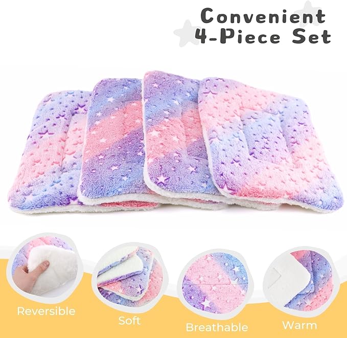 4-Pack Rabbit Bed, Washable Bunny Mat, Fleece Guinea Pig Bedding, Soft Flannel Small Animal Cage Liner, Blanket for Hamster Ferret - 19"x13"
