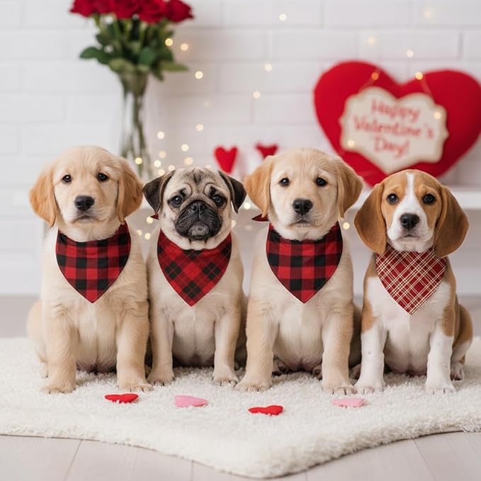 Shyyween 100 Pcs Valentine's Day Red Plaid Dog Bandanas Bulk for Dogs Soft Bibs Adjustable Triangle Bandana for Small Medium Large Pet Costume(25.6 x 17.7 x 17.7 Inch)