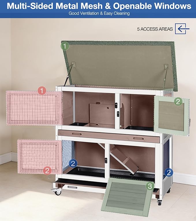 2-Story Rabbit Hutch Indoor Outdoor with Wheels, Bunny Cage with Slip-Proof Ramp, Guinea Pigs Cage with Waterproof Roof & Easy-Clean Tray, Multi-Access Doors, 36" - Brown