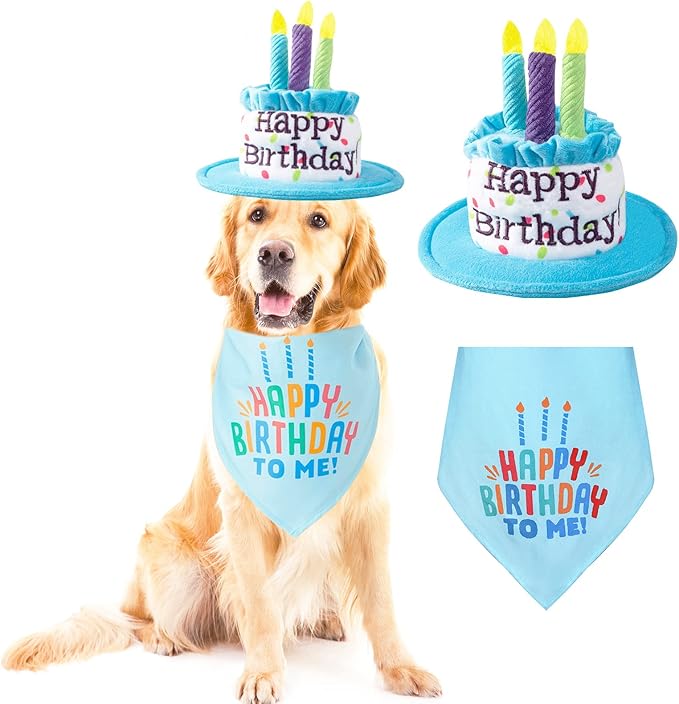Large Dog Birthday Cake Hat & Bandana Scarfs Set Blue, Handmade Dog Happy Birthday Hat with Colorful Candles, Extral Large Dog Birthday Party Supplies Decorations