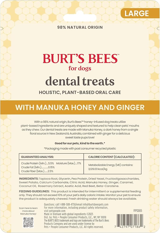BURT'S BEES FOR PETS Dental Treats for Dogs with Manuka Honey & Ginger, Holistic, Plant-Based Oral Care, 98% Natural Origin Formulas, Sweet Potato Flavor, Dog Treats Medium Dogs, Sz Md/Lg 5ct, 7 oz