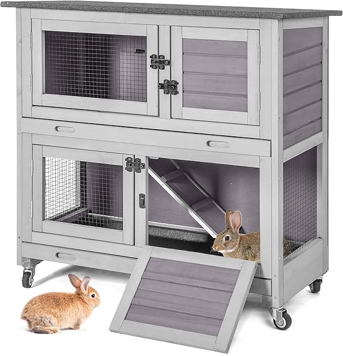 Aivituvin Rabbit Hutch Indoor Bunny Cage Outdoor Guinea Pig House 2 Story Wth 2 Leakproof Trays and 4 Movable Wheels 36" L