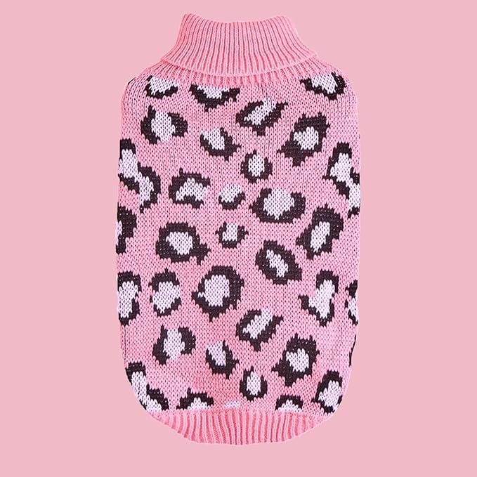 Leopard Knit Sweaters for Small Dogs, Pink Turtleneck Pullover for Pet, Puppies Cats Winter Sweater for Valentines Day Holiday