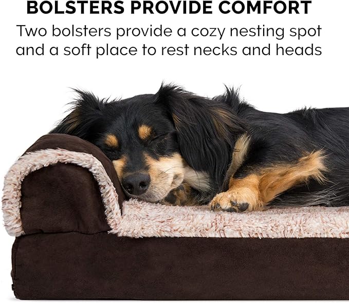 Furhaven Memory Foam Dog Bed for Medium/Small Dogs w/ Removable Bolsters & Washable Cover, For Dogs Up to 35 lbs - Two-Tone Plush Faux Fur & Suede L Shaped Chaise - Espresso, Medium