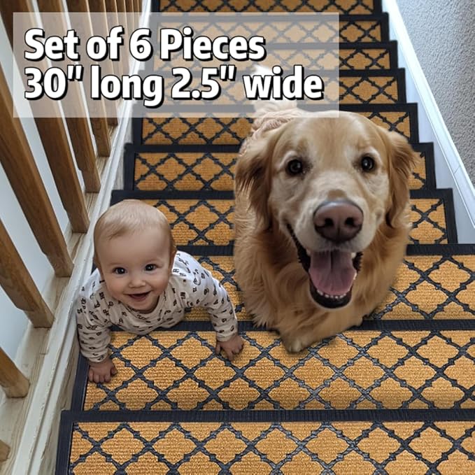 Aucuda 6pcs 8.5" x 30" Stair Treads Outdoor for Elders and Dogs on Wooden Steps, Non Slip Stair Runner Rug Heat Insulation Rubber Backing, Brown Lattice Staircase Mat Carpet for Indoor Grip Farmhouse.