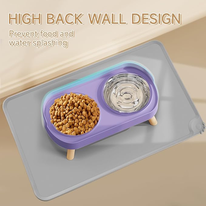 Elevated Cat Bowl with Food Mat, Raised Cat Food and Water Bowl Set for Indoor Cats, Splash Proof with 2 Stainless Steel Pet Food Bowls for Cat and Puppies,Whisker Fatigue and Dishwasher Safe (Purple)