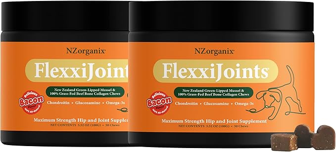 NZorganix FlexxiJoints Hip and Joint Supplement Chews for Dogs, Cats • 100% Grass-Fed Beef Bone Collagen New Zealand Green-Lipped Mussels • 50 Chews 2-Pack
