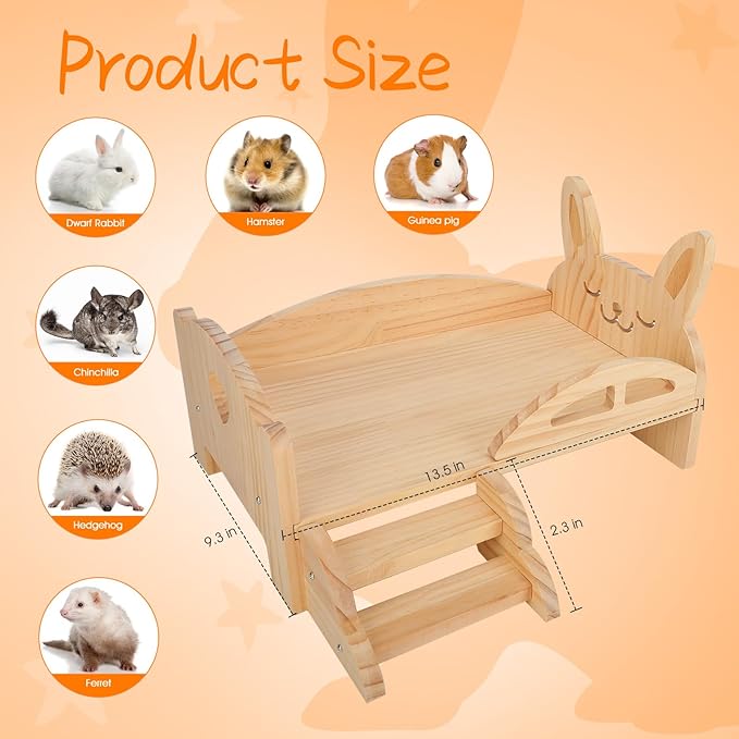 BWOGUE Wooden Guinea Pig Bed with Stairs and Mat, Washable Soft Fleece Small Animal Bed Guinea Pig Platform Bed for Hamsters Dwarf Rabbits Chinchilla Squirrel Hedgehog Habitat