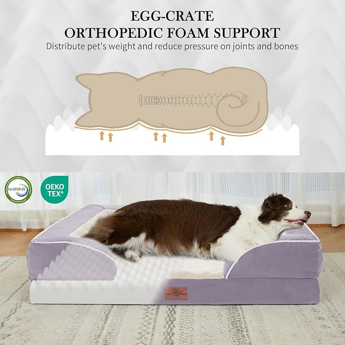 Comfort Expression Orthopedic Dog Bed for Medium Dogs 28x19 Inch, Waterproof Supportive Egg Crate Foam Medium Pet Bed with Removable Bolsters, Dog Couch with Washable Cover & Non-Slip Bottom, Purple