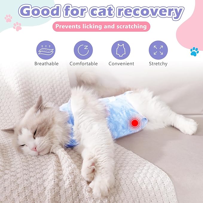 2 Pack Cat Surgery Recovery Clothes for Female and Male, Soft Cat Spay Shirts Suit, Comfortable Kittens Pajamas Onesie, Adjustable Fit to Stop Licking, Blue L