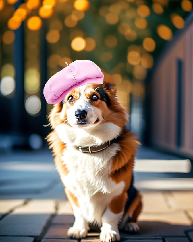 PET SHOW Dog Beret Hat for Small Medium Dogs Cats Party Holiday Headband Cap French Leather Berets with Adjustable Chin Strap Cute Fashion Puppy Hats Pets Costumes Accessories(Pink,M)