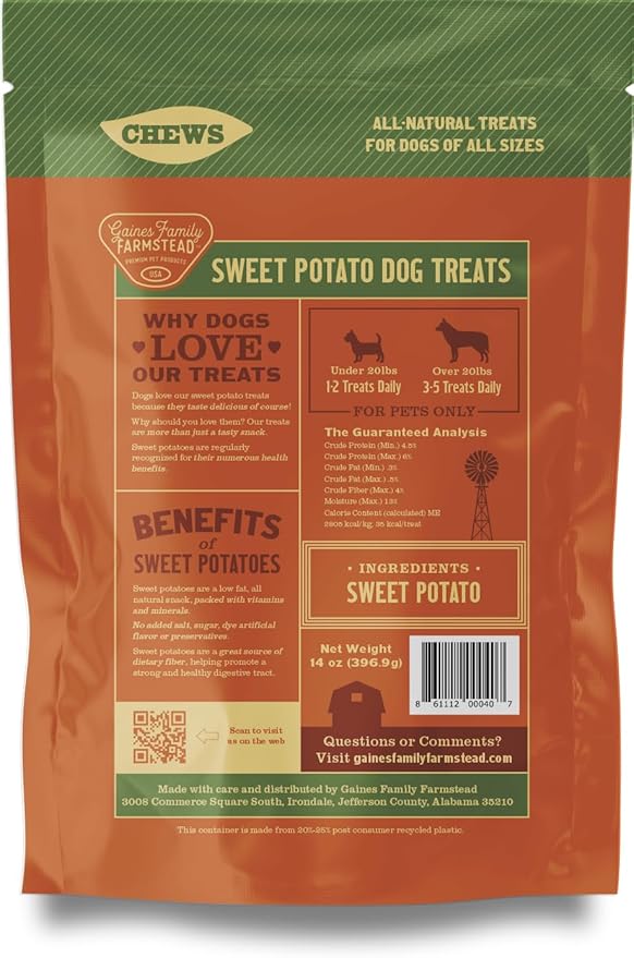 Gaines Family Farmstead Sweet Potato Chews for Dogs, 14 oz Bag – Single Ingredient Sweet Potato Dog Treats, High Fiber, Grain-Free, Rawhide Alternative, Vitamin-Rich, Made in The USA