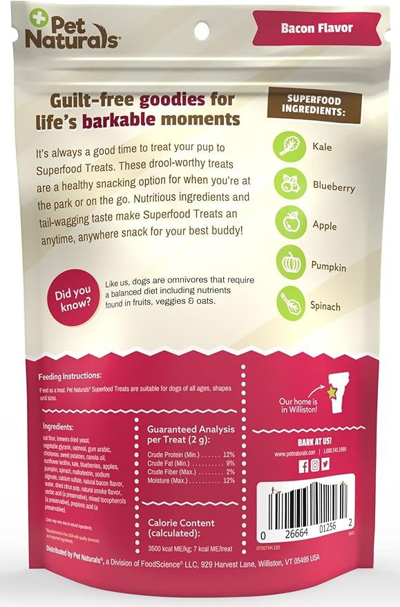 Pet Naturals Superfood Dog Treats with Blueberry and Kale - No Corn, Wheat or Artificial Ingredients - Bacon Flavor, 100 Chews (Pack of 1)