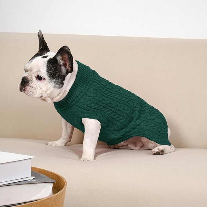 2 Pack Dog Sweaters for Medium Dogs Winter Turtleneck Pullover Cable Knit Fleece Stretch Frenchie Dachshund Pug Corgi Beagle Boy Girl Pet Clothes (M, Green & Brown)