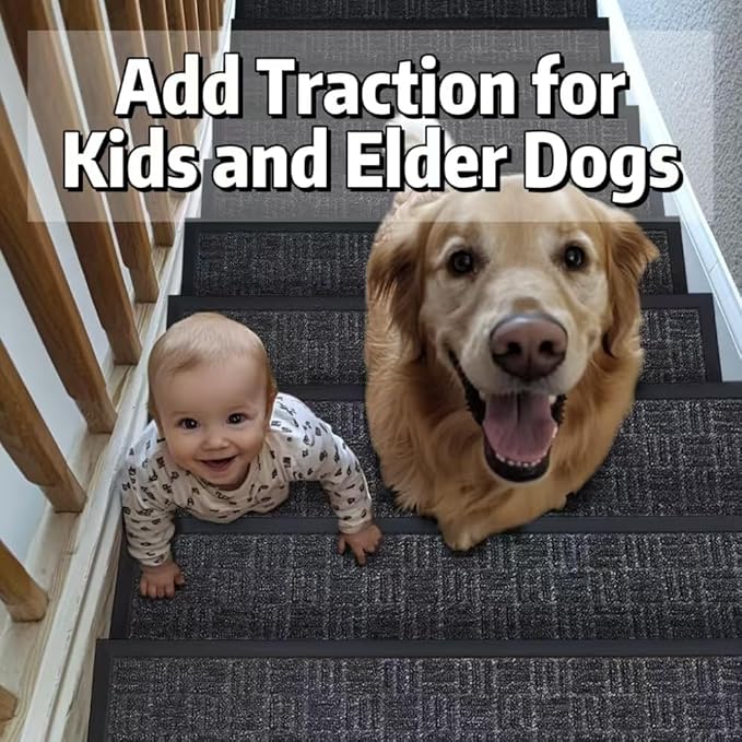 Aucuda 2pcs 8.5" x 30" Stair Treads Outdoor for Elders and Dogs on Wooden Steps, Non Slip Stair Runner Rug Heat Insulation Rubber Backing, Gray Staircase Mat Carpet for Indoor Grip Farmhouse.