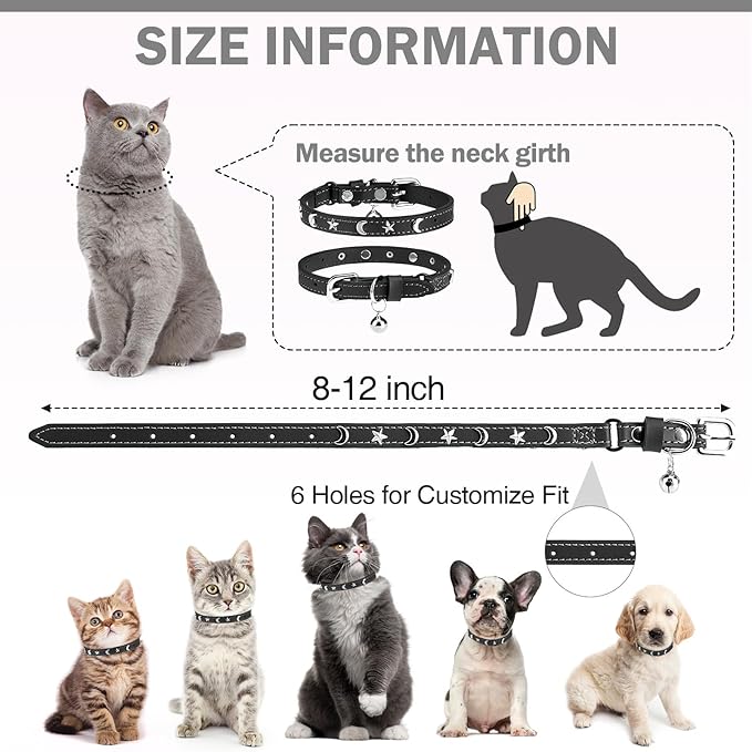 Leather Cat Collars for Boy Girl Cats with Bell and Safety Elastic Belt, Personalized Star and Moon Stud Adjustable Safe Buckle Collar for Kitty Small Big Cats Size 8-12 Inch, Black