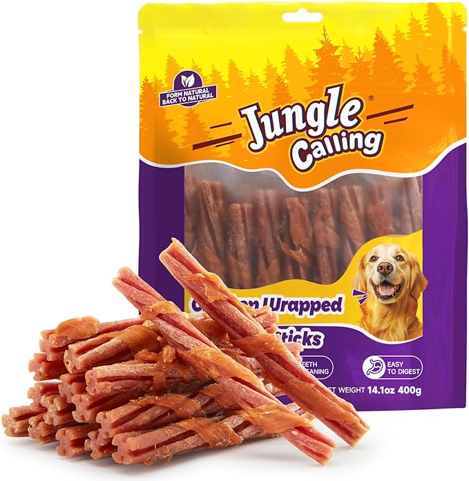 Jungle Calling 22 Count Beef Collagen Sticks, Long Lasting Dog Chews, Chicken Wrapped Treats, Rawhide Alternative for Small Medium Large Dogs, Dental Health, Beef Lung Flavored Bones,14.1 oz