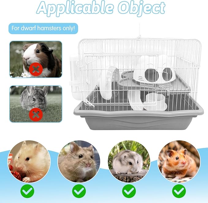 PINVNBY Dwarf Hamster Cage, Small Animal Cages, 2-Tier Travel Portable Mouse Cage Hamster Carrier with Castle House Running Exercise Wheels, Water Bottle and Food Dish（Gray）