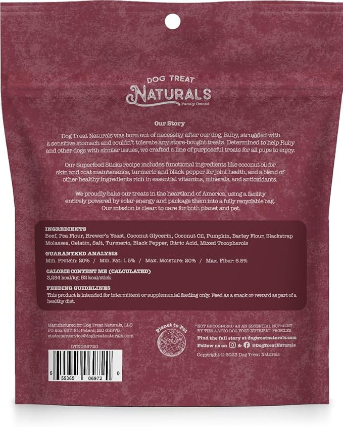 Dog Treat Naturals Superfood Sticks, Beef & Pumpkin, 6oz Bag | Dog Chew Sticks | All-Natural, Pet Training Treats | Joint-Skin-Coat Health | USA Made
