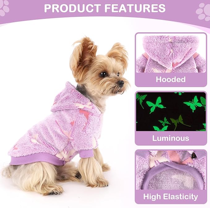 Dog Sweater for Small Dogs Girl Boy, Fleece Dog Hoodie Clothes, Night Glow Puppy Sweater, Soft Warm Extra Small Doggie Sweatshirt, Fall Winter Doggy Clothes Pet Outfits for Chihuahua Yorkie, Purple,S