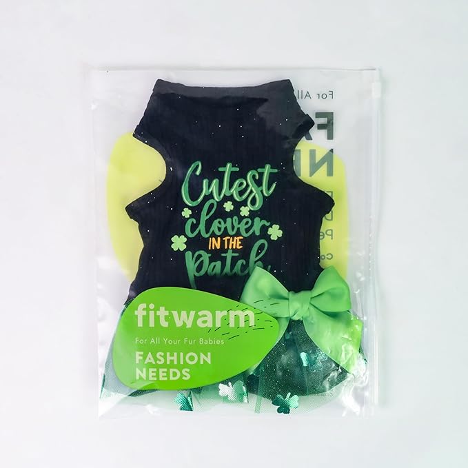 Fitwarm Cutest Clover in the Patch Dog Dress, St Patricks Day Dog Clothes for Small Dogs Girl, Funny Pet Cat Holiday Outfit, Black, Emerald Green, Large
