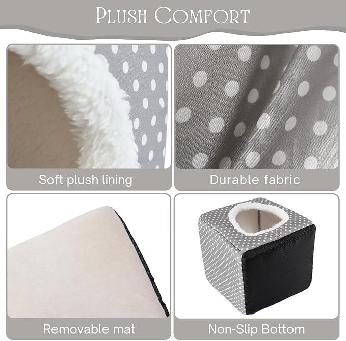 Guinea Pig Hideout, Dwarf Rabbit Bed with Play Tunnel, Washable Fleece House for Dwarf Bunnies, Chinchillas, Hedgehogs, Small Animal Cage Accessories Gray Dot