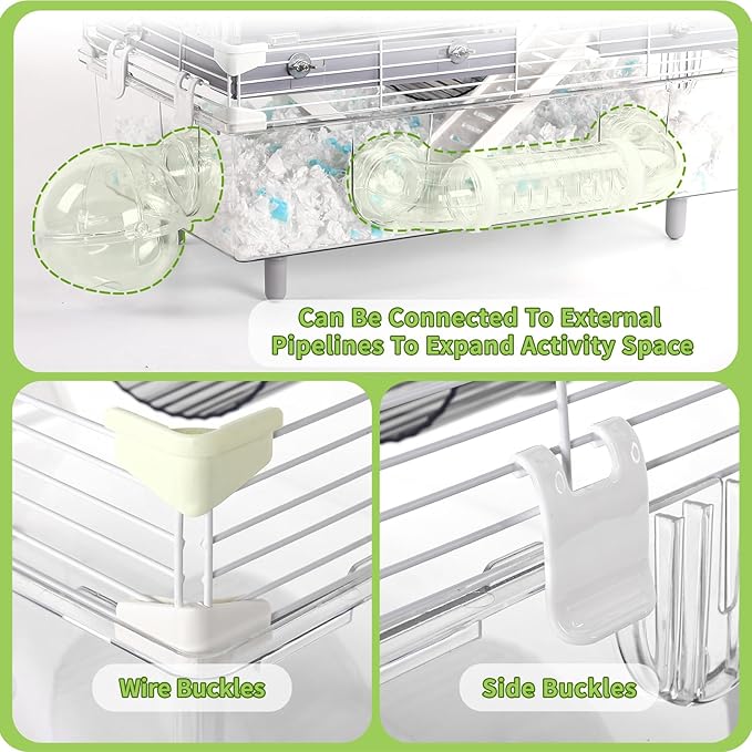 Large Multilevel Hamster Cage 22x12x15in for Dwarf Hamster Robo Hamster with 2 Platforms, Exercise Wheel, 3 Connectable Tube Ports, 2 Ladders, Sunroof Door, Plastic Metal Wire, Clear/Gray