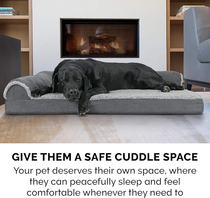 Furhaven Memory Foam Dog Bed for Large/Medium Dogs w/ Removable Bolsters & Washable Cover, For Dogs Up to 55 lbs - Two-Tone Plush Faux Fur & Suede L Shaped Chaise - Stone Gray, Large