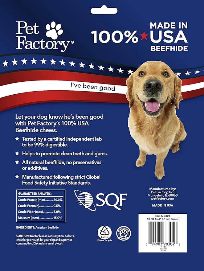 Pet Factory 100% Made in USA Beefhide 4" Knotted Bones Dog Chew Treats - Natural Flavor, 18 Count/1 Pack