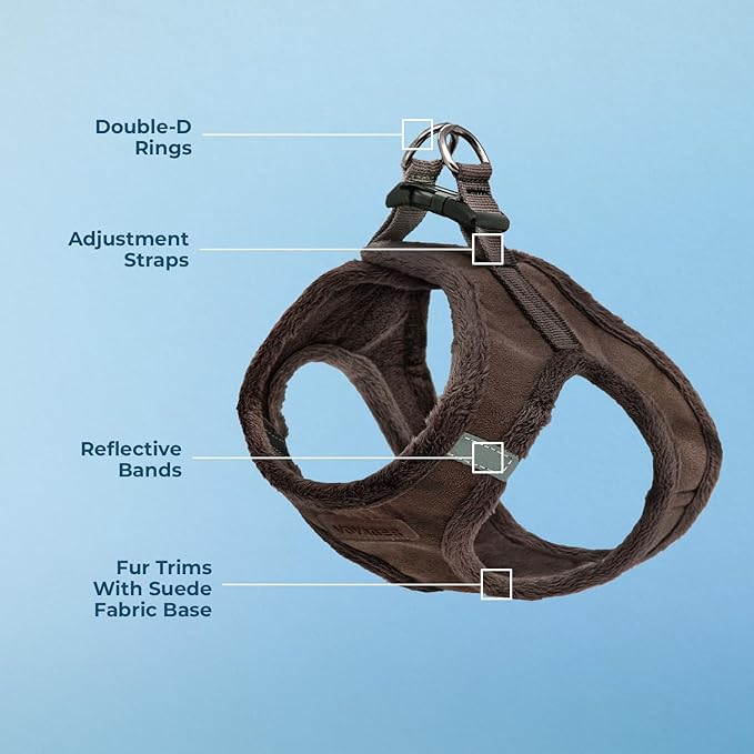 Best Pet Supplies - All Weather Plush, Reflective, No Pull Harness for Small, Medium Dogs, Cats - Secure with Hook & Loop Fastener, Buckle, Double D-Rings - Chocolate Suede, L