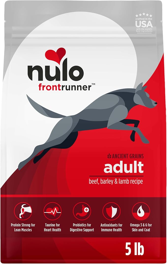 Nulo Frontrunner Dry Dog Food - Adult High-Protein Beef, Barley & Lamb Recipe, Natural Kibble with Ancient Grains, Probiotics, Taurine, Omega 3 for Small, Medium and Large Breeds, 5lb Bag