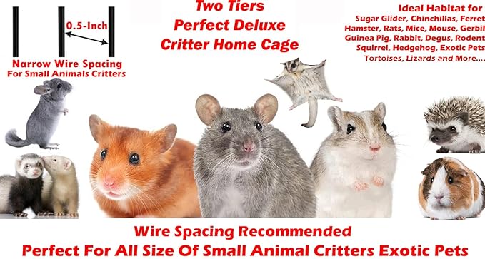 Deluxe Two Tiers Small Animal Critter Cage Tight 1/2-Inch Bar Spacing Water Bottle Food Bowl Feisty Ferret Hammock Chinchilla Rat Mice Squirrel Rabbit Sugar Glider Easy Clean Pull Out Grate Tray