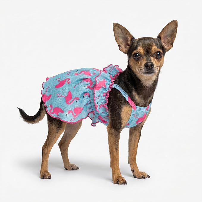 Fitwarm Flamingo Dog Dress, Summer Clothes for Small Dogs Girl, Ruffled Hawaiian Sundress, Pet Outfit, Blue, Pink, XS