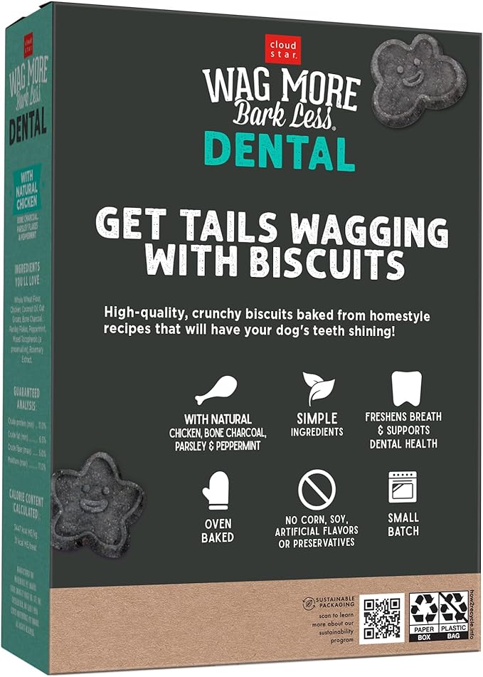 Cloud Star Wag More Bark Less Crunchy Dental Dog Treats, Chicken, Bone Charcoal, Parsley & Mint, 14 oz. Box