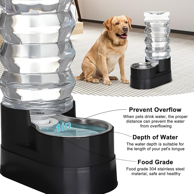 RIZZARI Automatic Dog Water Dispenser: Ion Exchange & Carbon Filtration -Supports Spine Health in Senior Dogs- Spill-Resistant 9L Black Gravity Waterer with 2 Filters&Caps - Ideal for Multi-Dog Homes