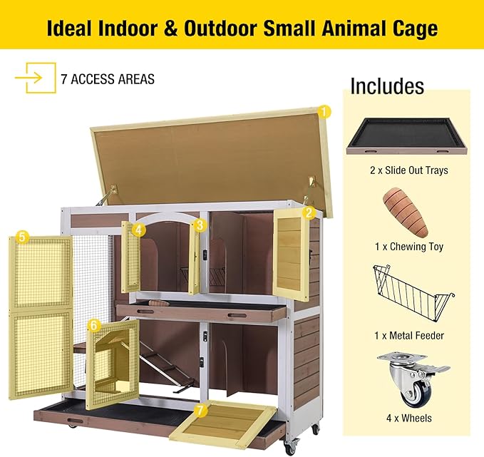 Aivituvin Rabbit Hutch Indoor Bunny Cage with Wheels Outdoor Rabbit Cage Two Story Guinea Pig Cage with No Leak Tray 47 inch