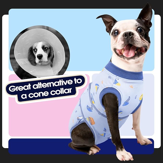 FUAMEY Recovery Suit for Dogs After Surgery,Soft Breathable Dog Bodysuit E-Collar & Cone Alternative Surgical Suit,Male Female Dog Neuter Spay Suits Anti Licking Wounds Onesie Blue Boat L