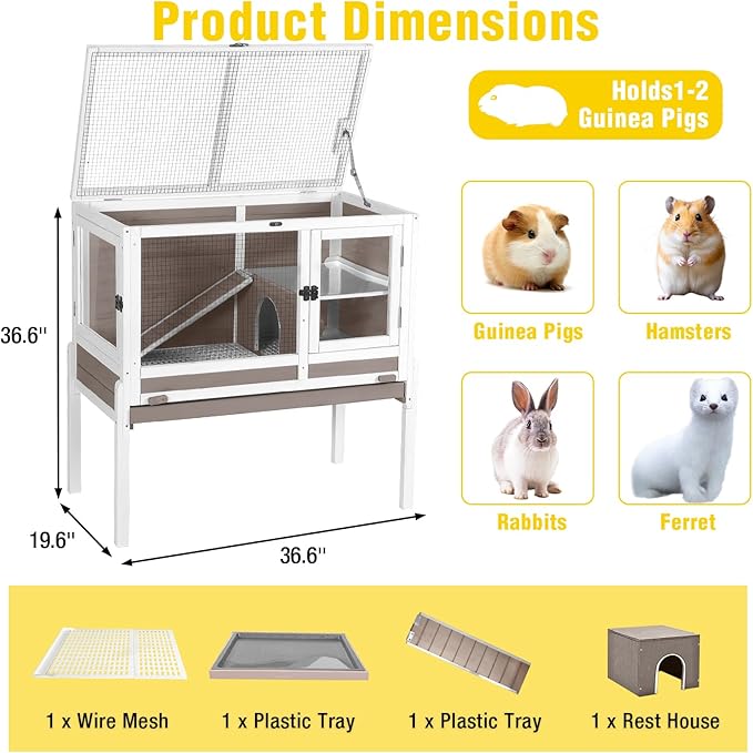 Aivituvin 2-Story Indoor Rabbit Hutch Guinea Pig Cage with Stand, Wooden Bunny Cage Small Animal Cages with Chew-Proof Ramp, Pull-Out Tray & Leakproof PVC Layer (Brown)