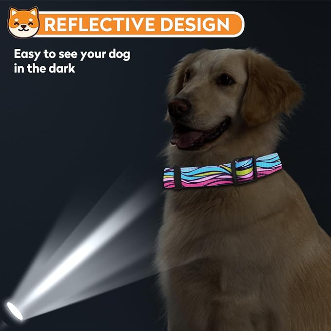 Reflective Dog Collar, Adjustable Soft Neoprene Padded Nylon Pet Collars with Buckle for Puppy and Small Dogs, Cats, Colorful Wave Pattern,S