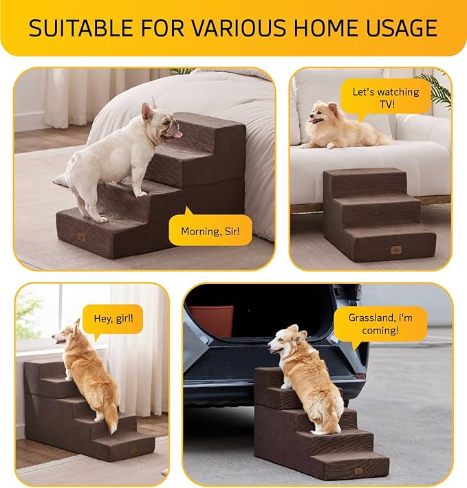 ABCPET Dog Stairs for High Bed, Dog Steps for Bed Couch Sofa, 35D Foam Pet Steps for Small Dogs and Cats, Extra Wide Pet Stairs with Non-Slip Bottom Brown, 5 Steps