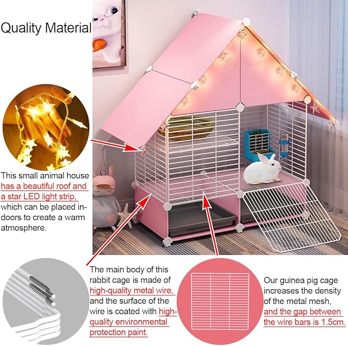 Choowin 2-Story Small Rabbit Cage Bunny Hutch Guinea Pig Cage Small Animals House, Metal Wire Netting Villa with Pull-Out Tray, Indoor Habitat for Ferret Chinchilla Hedgehog, Pink