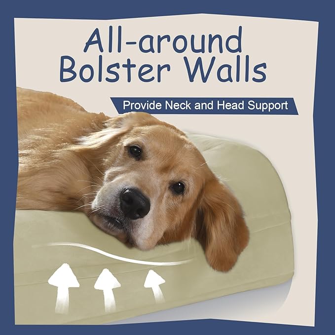 Large Orthopedic Dog Beds, Waterproof Dog Bed with Removable Cover, 4-Sides Removable Bolster Pet Soft Sofa with Nonskid Bottom, Washable Pet Beds for Large Dogs, Beige